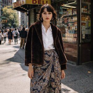 Vintage Mouton Lamb Genuine Fur Cropped Coat Size M Chocolate Brown Thick